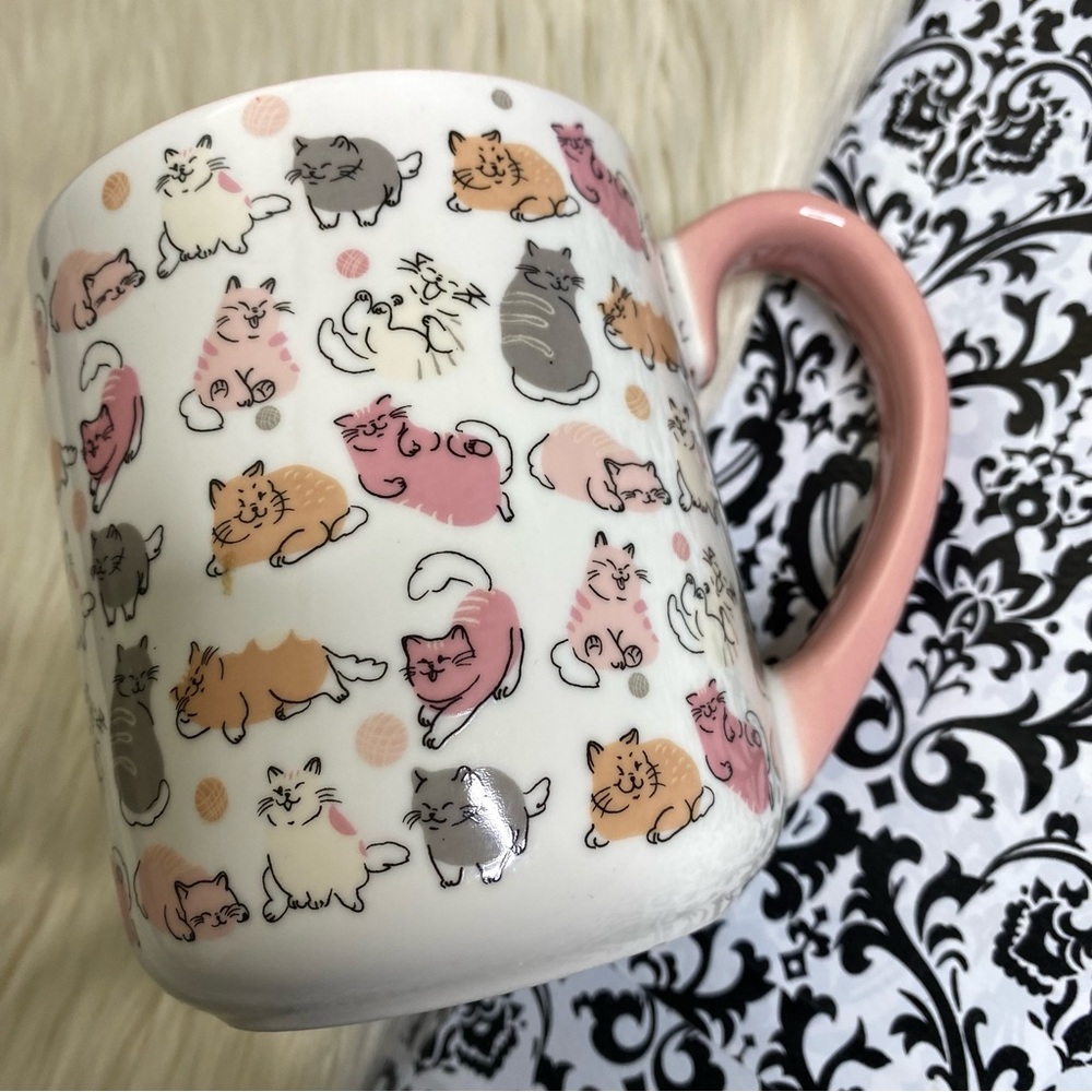 10 strawberry street : pink white and orange cat kitty print coffee tea mug cup - Picture 4 of 8